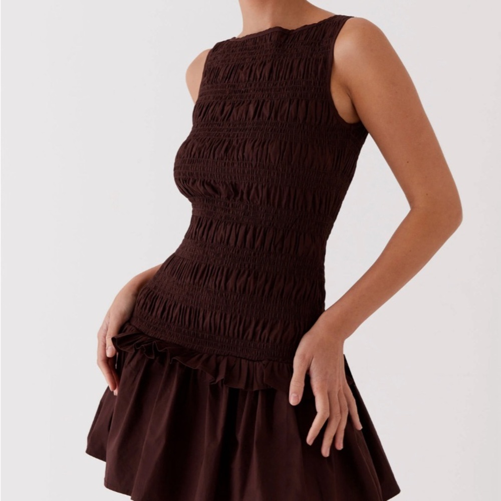 Peppermayo Chocolate Brown Smocked Mini Dress